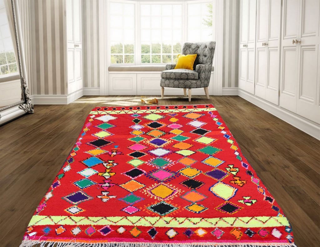 moroccan colorful rug red with colorful diamonds