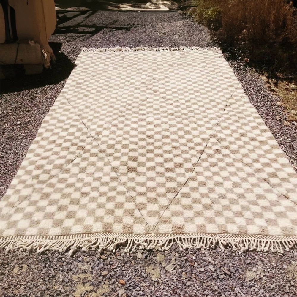 checkered moroccan beni wool rug beige and cream