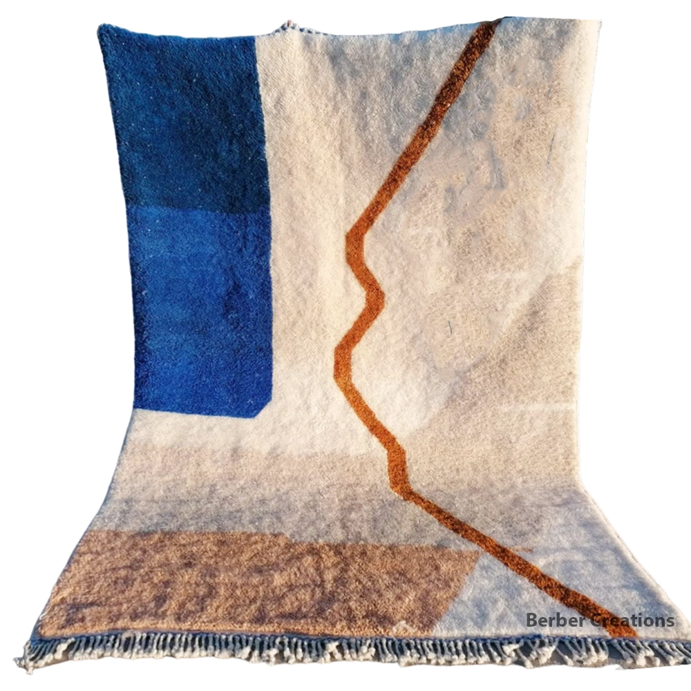 moroccan abstract beni mrirt wool rug peach blue and orange