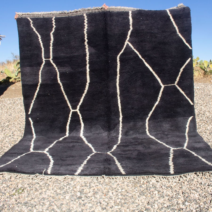 Black Moroccan Beni Ourain Rug With White Lines