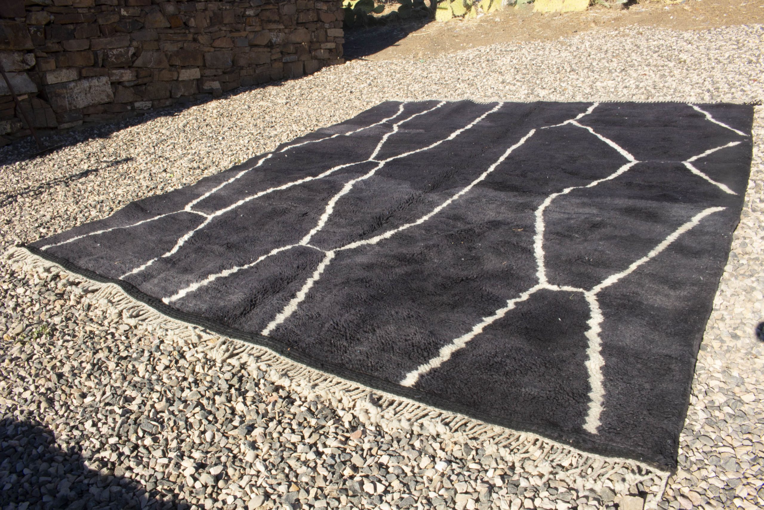 Black Moroccan Beni Ourain Rug With White Lines details 2