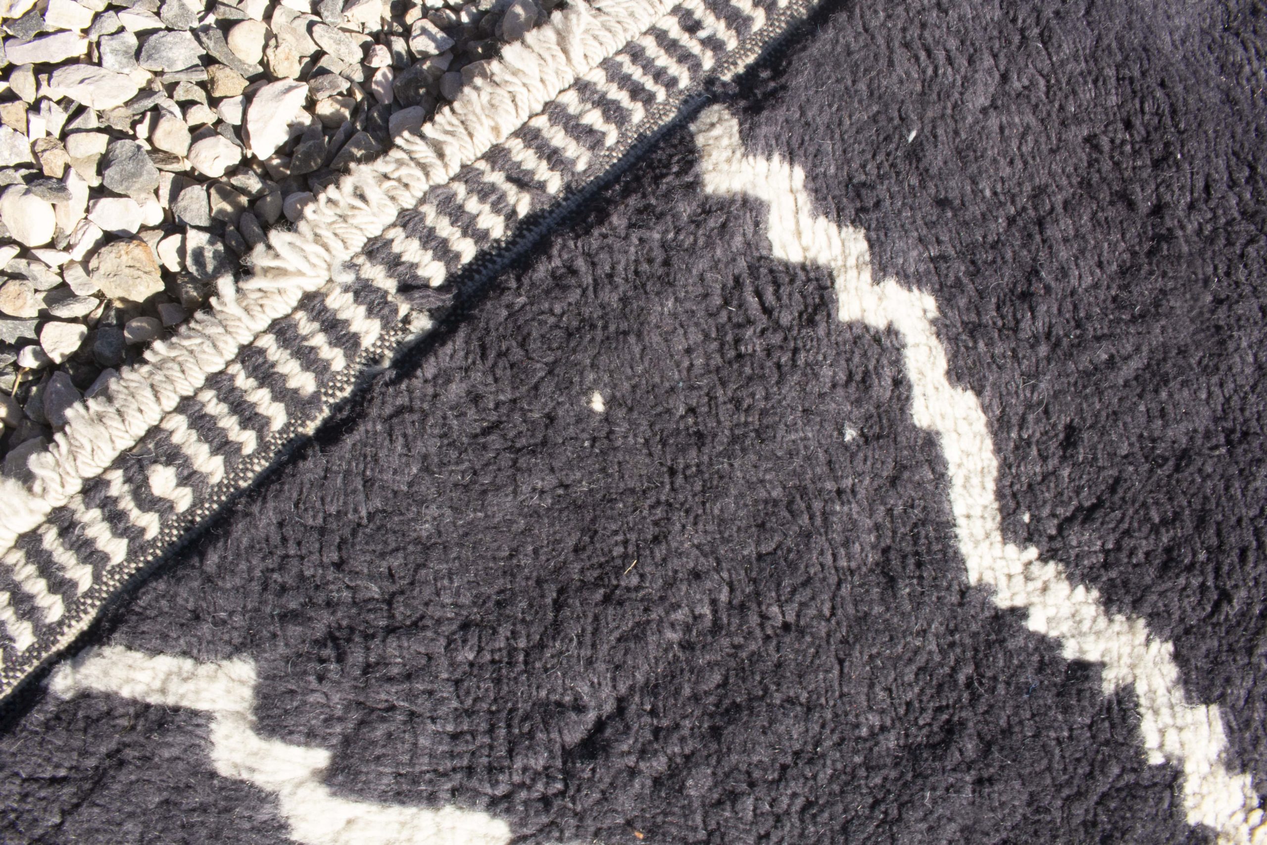 Black Moroccan Beni Ourain Rug With White Lines details 4