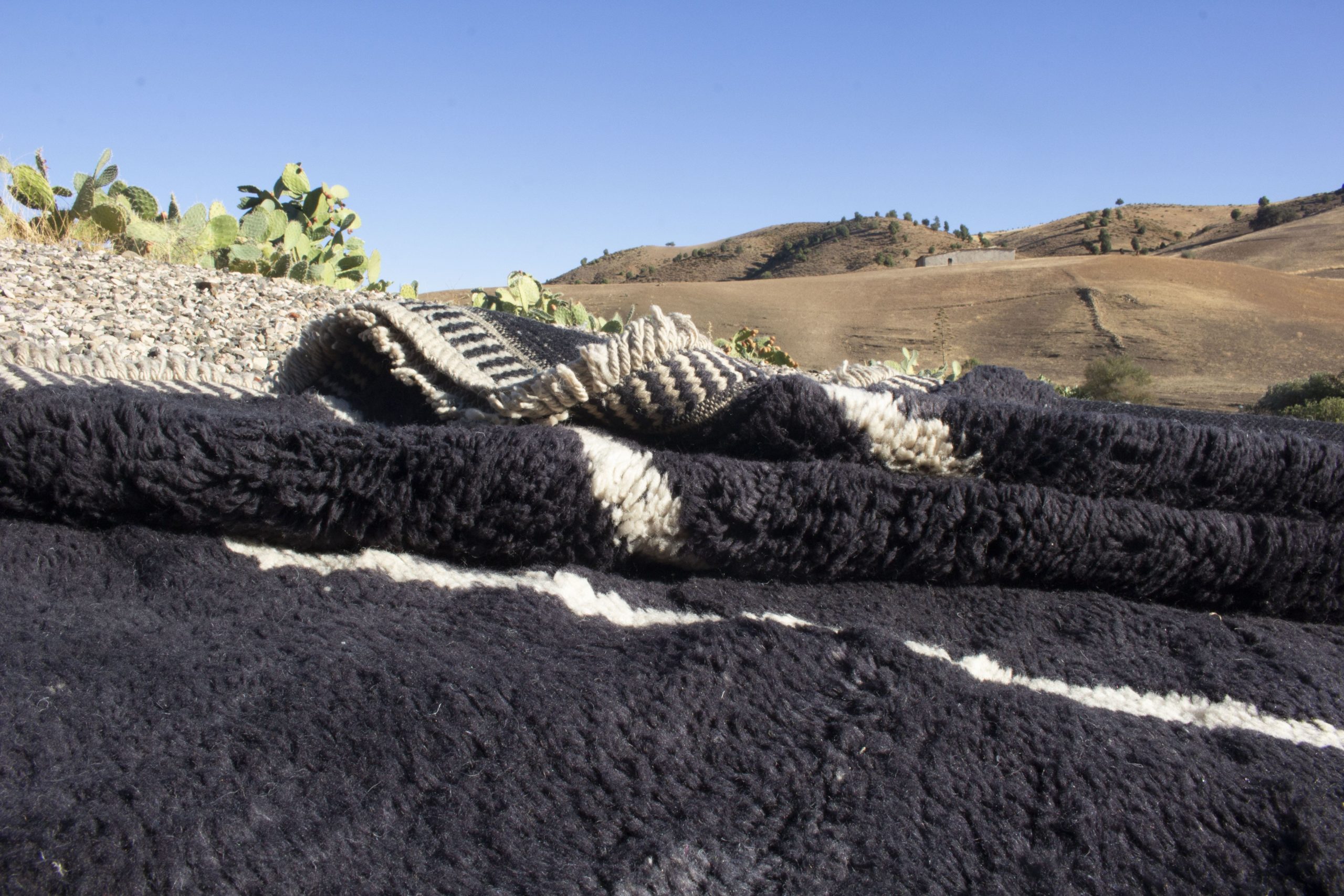 Black Moroccan Beni Ourain Rug With White Lines details 5