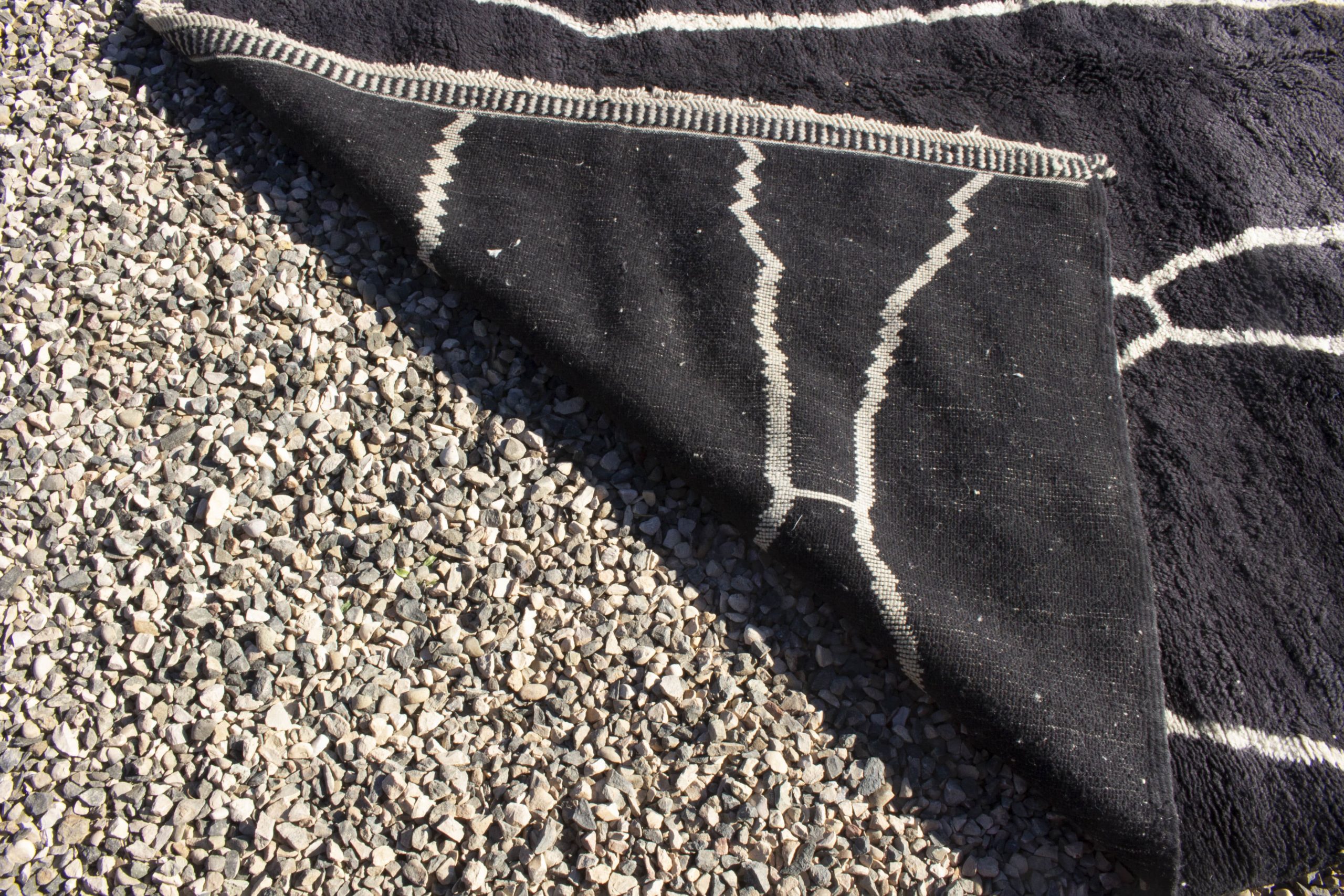 Black Moroccan Beni Ourain Rug With White Lines details 7