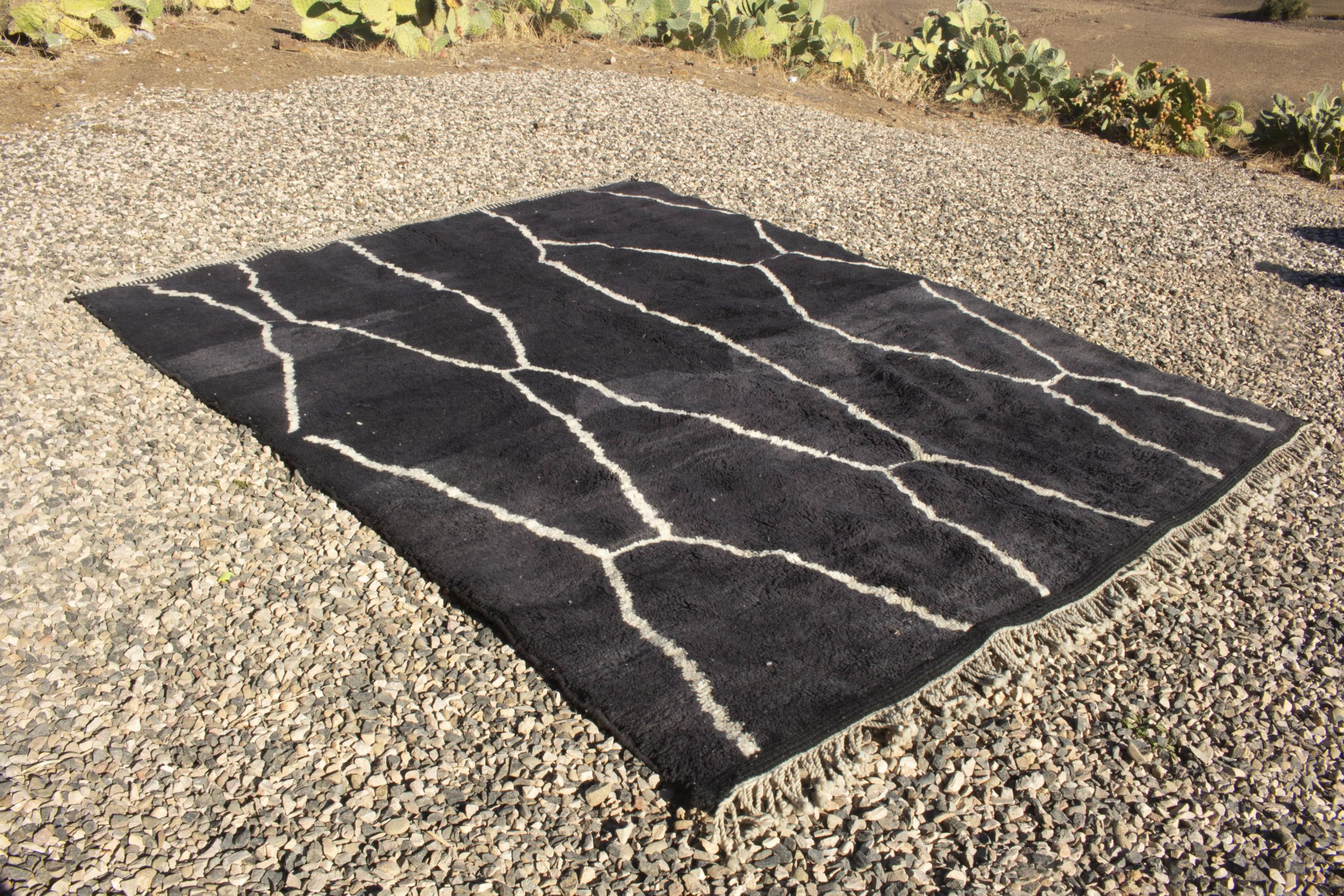 Black Moroccan Beni Ourain Rug With White Lines details 8