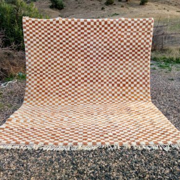 Moroccan Checkered Wool Rug in Orange and Cream
