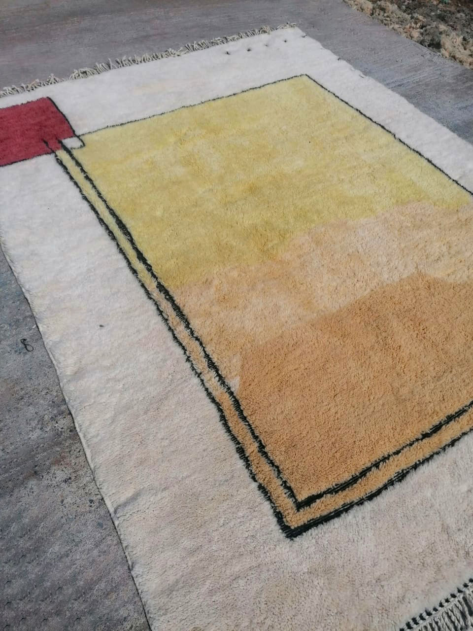 Modern Handmade Moroccan Rug in Cream/Yellow/Black /Orange - Image 4