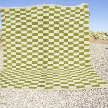 Checkered Moroccan Wool Rug – Olive Green and White