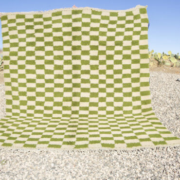 Checkered Moroccan Wool Rug – Olive Green and White