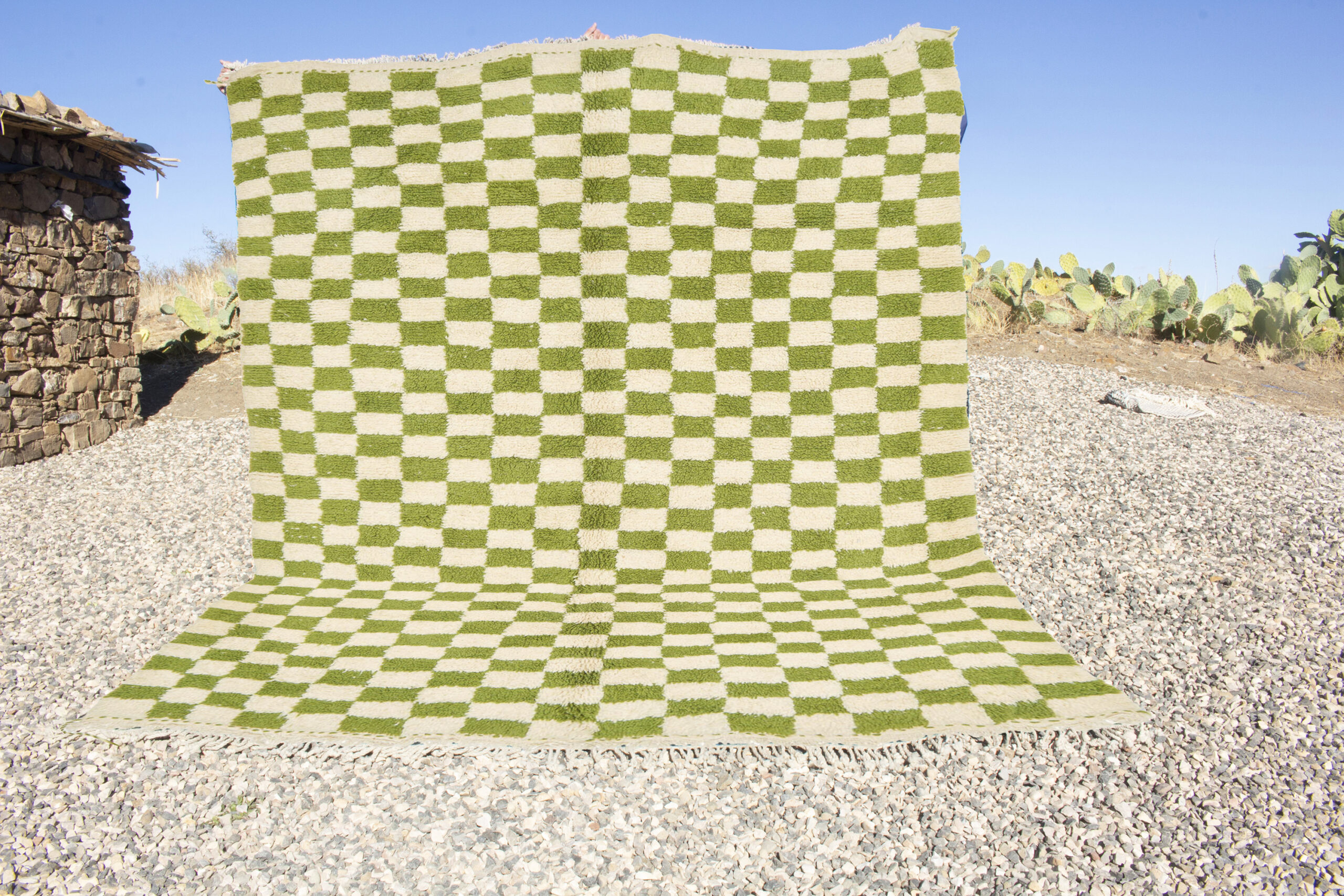 checkered moroccan wool rug olive green and white
