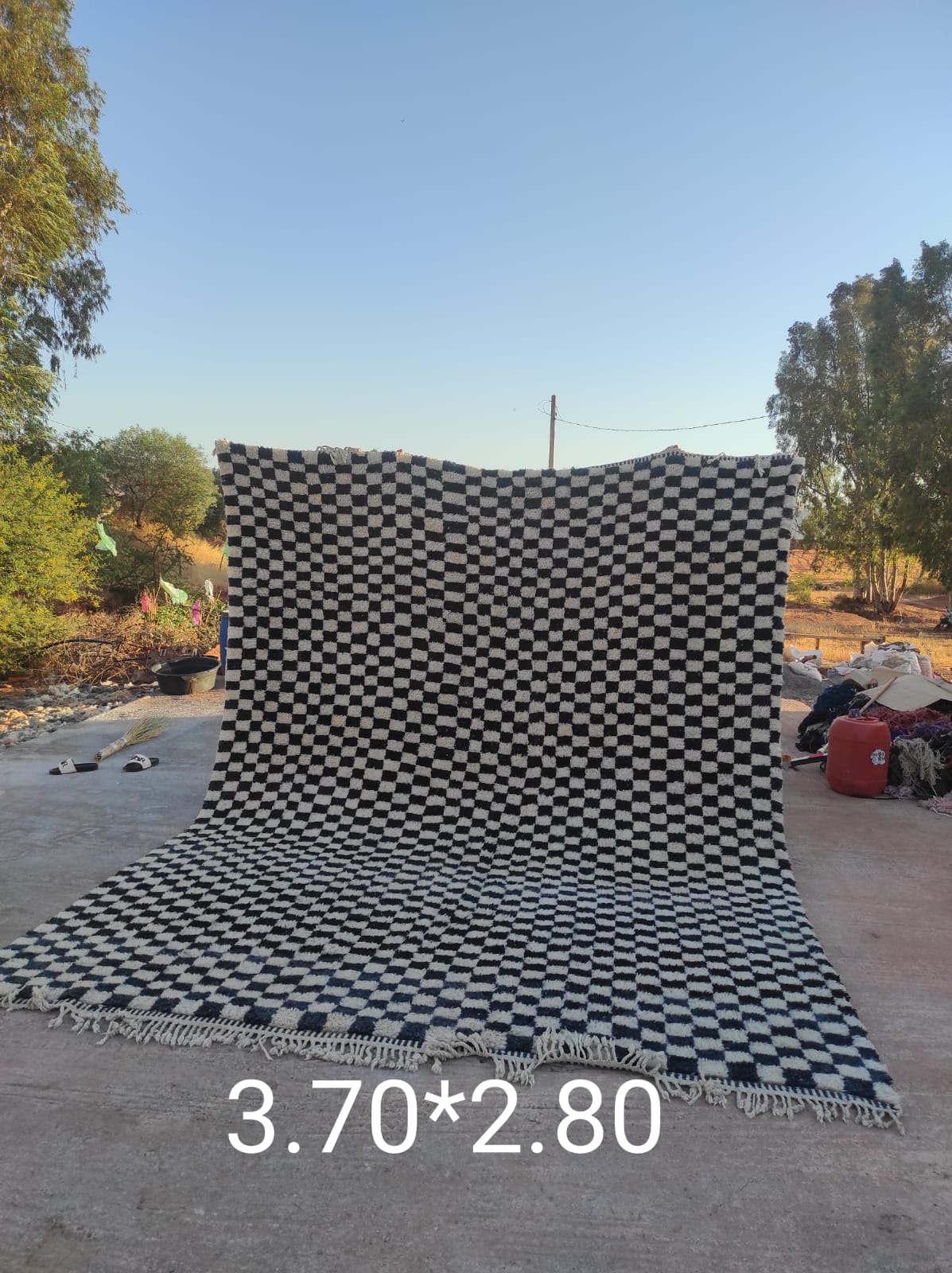 Checkered Moroccan Wool Rug in Black And White 9'x12' - Image 3