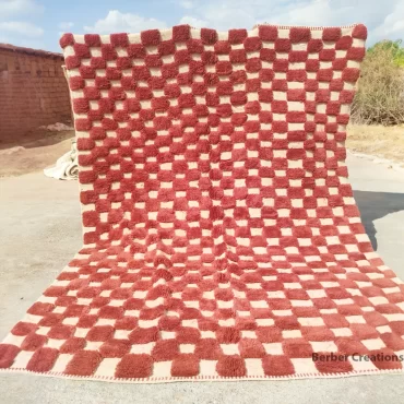 Moroccan Checkered Wool Rug Brick Red and Cream