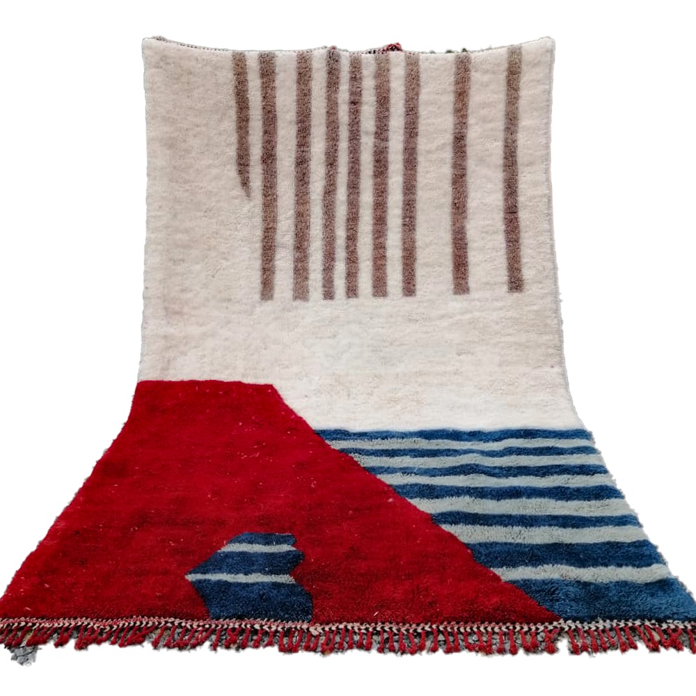 Abstract moroccan wool rug white red blue and taupe