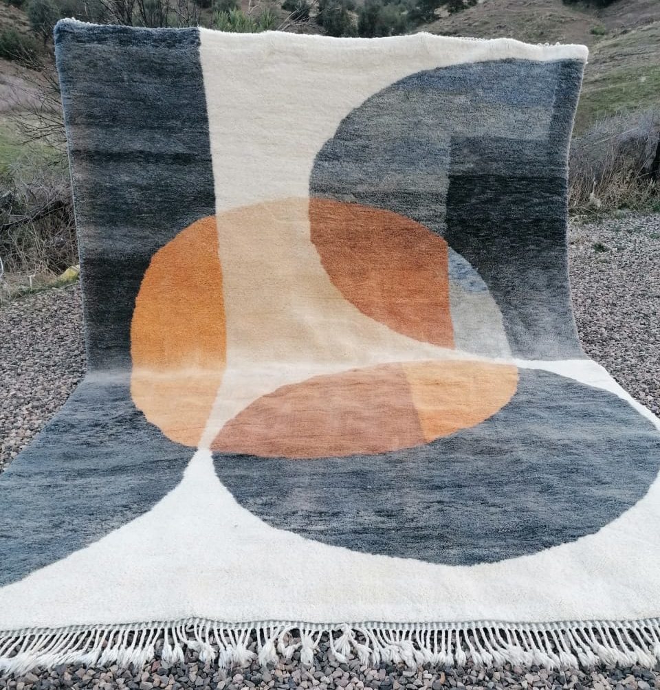 Contemporary moroccan handmade wool rug cream blue and orange