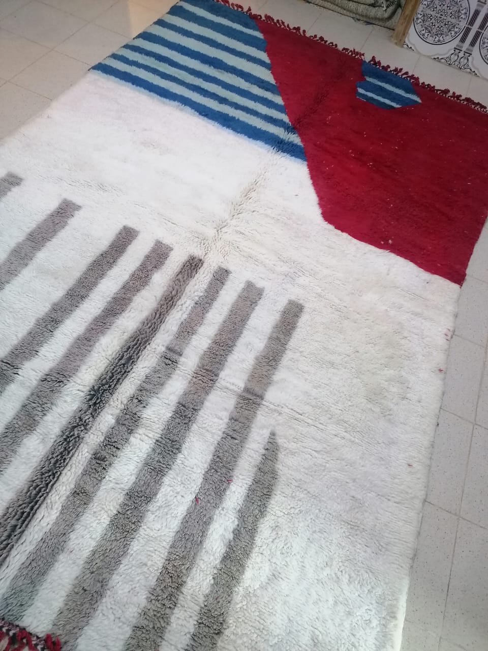 Abstract Moroccan Wool Rug White Red Blue and Taupe - Image 6