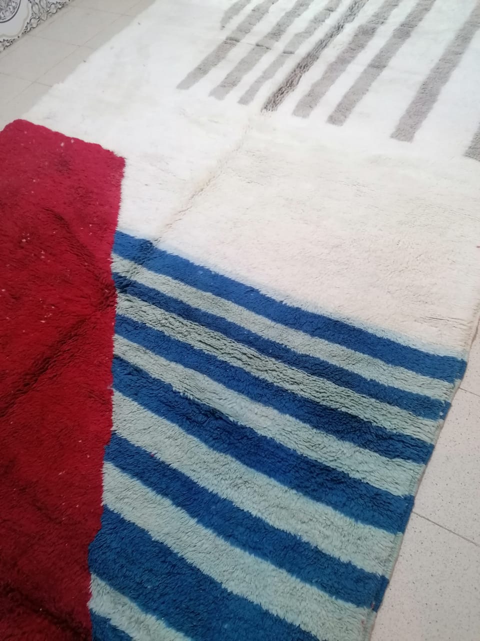 Abstract Moroccan Wool Rug White Red Blue and Taupe - Image 7