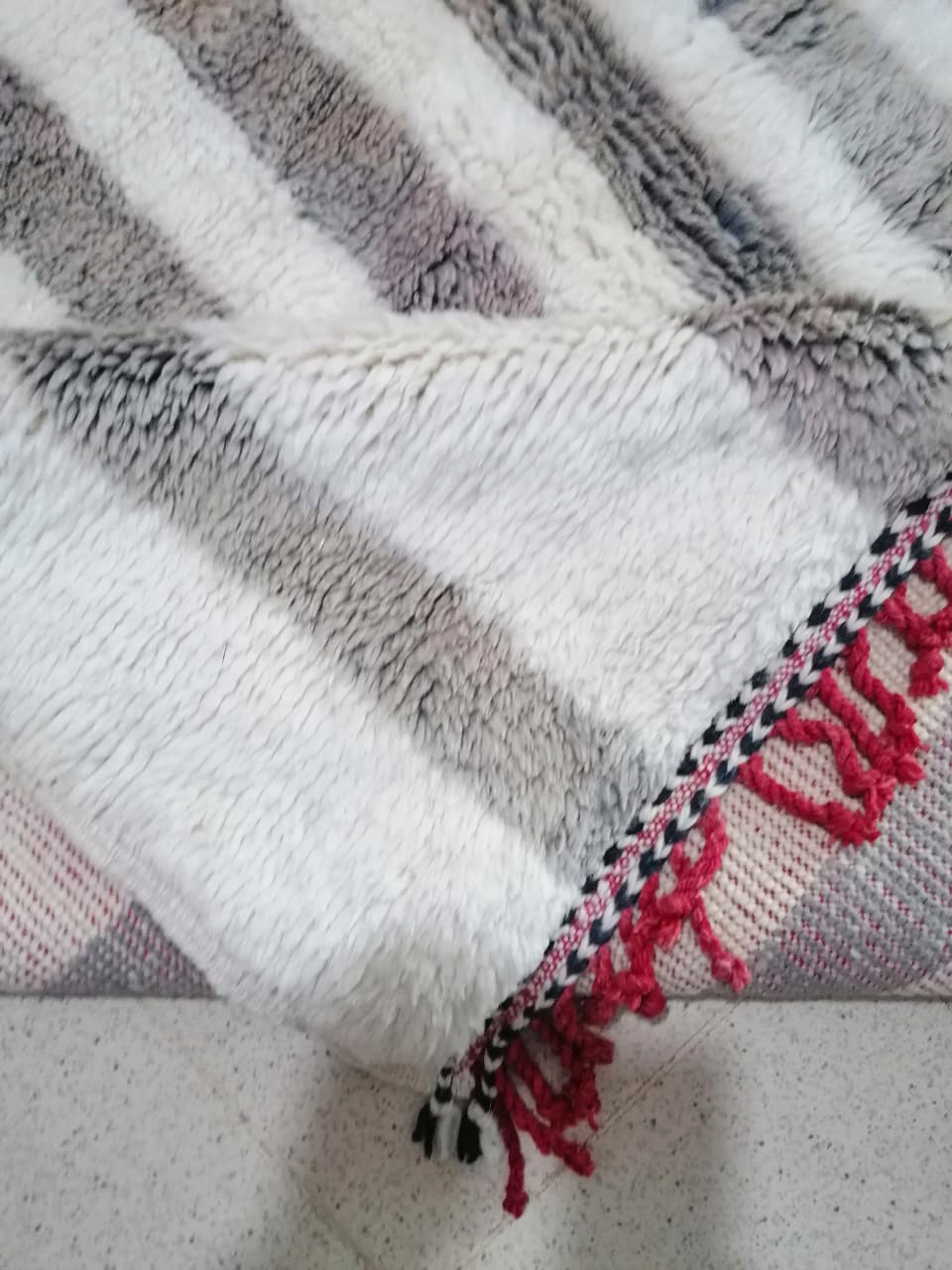 Abstract Moroccan Wool Rug White Red Blue and Taupe - Image 2