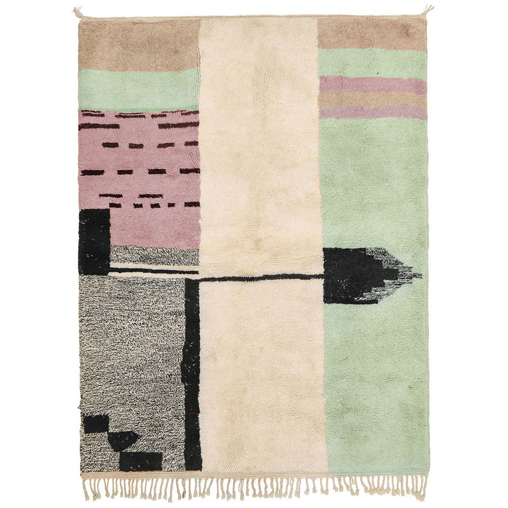 Modern abstract Beni Ourain rug black lavender and sage green