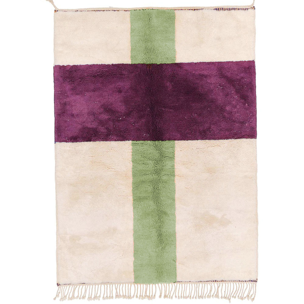 Modern Moroccan beni rug cream purple and sage green