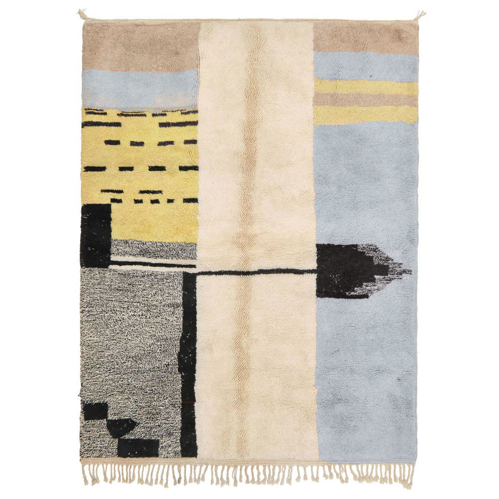 Modern Moroccan abstract rug black yellow and blue