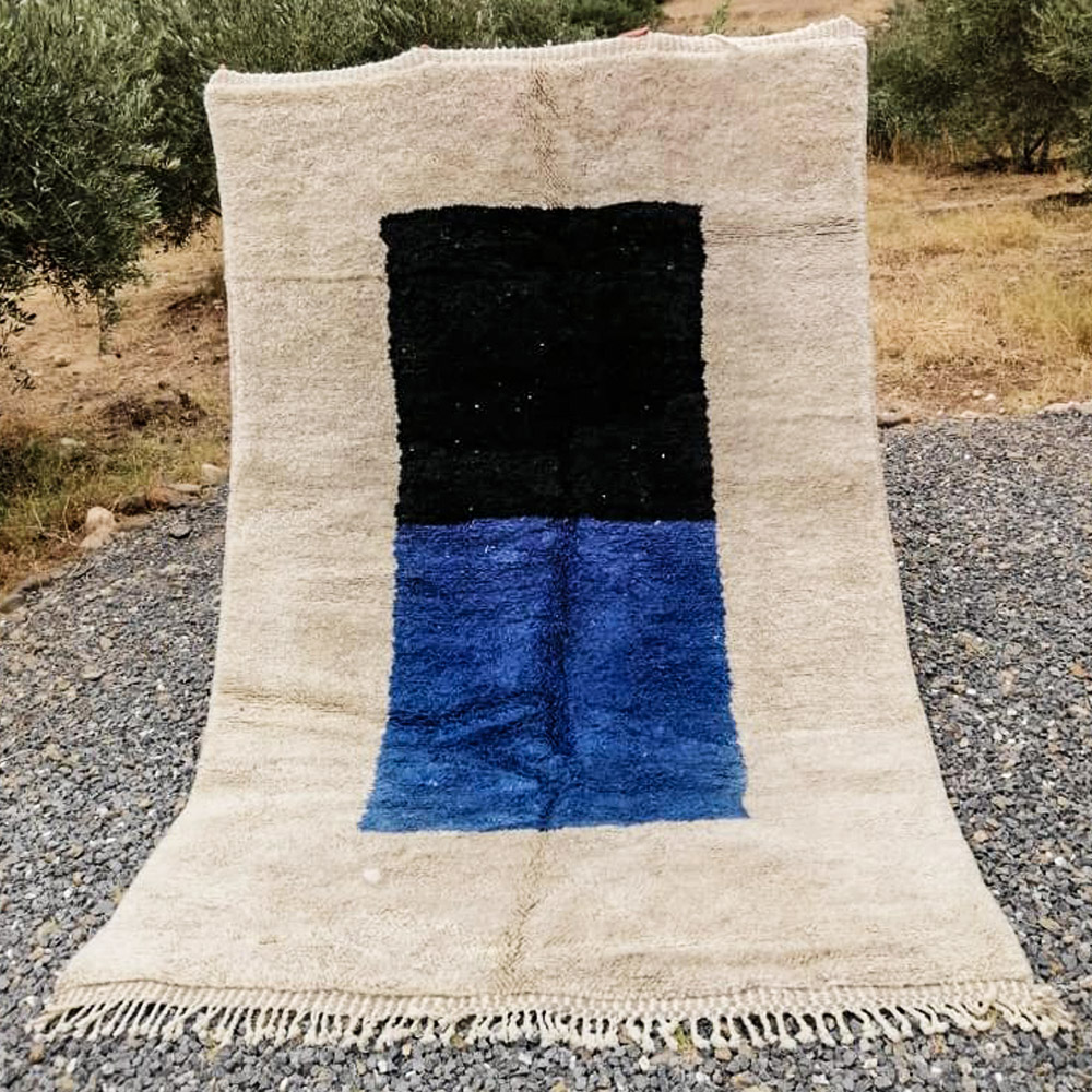 Moroccan handknotted wool rug - blue and black squares