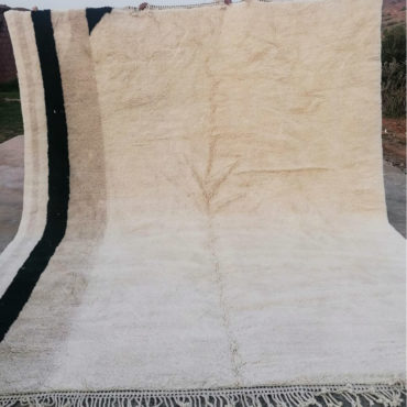 White Moroccan Handknotted Wool Rug  with Taupe & Black Stripes