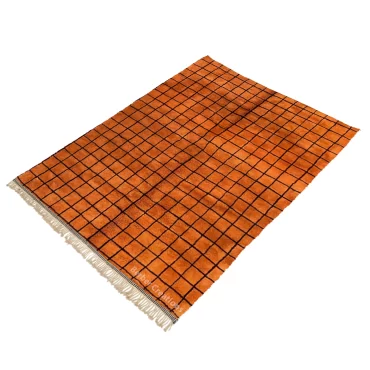 Burnt orange Moroccan Rug- Black Lines Grid Pattern