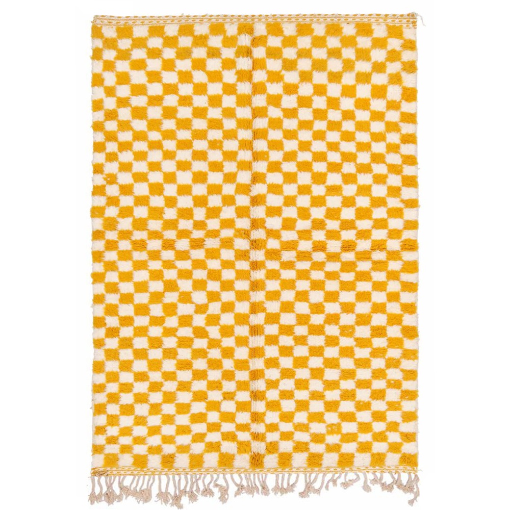 checkered moroccan rug yellow and white