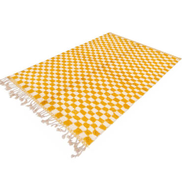 Ckeckered Moroccan Rug Yellow and White