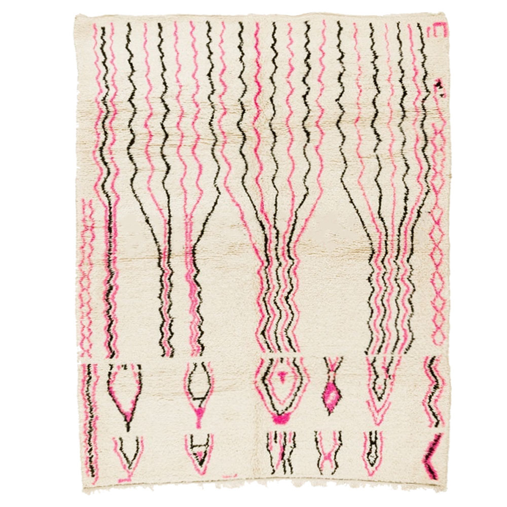 Moroccan Azilal rug white background pink and black design