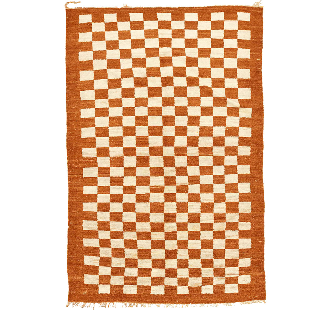 checkered moroccan wool rug Burnt Orange and cream