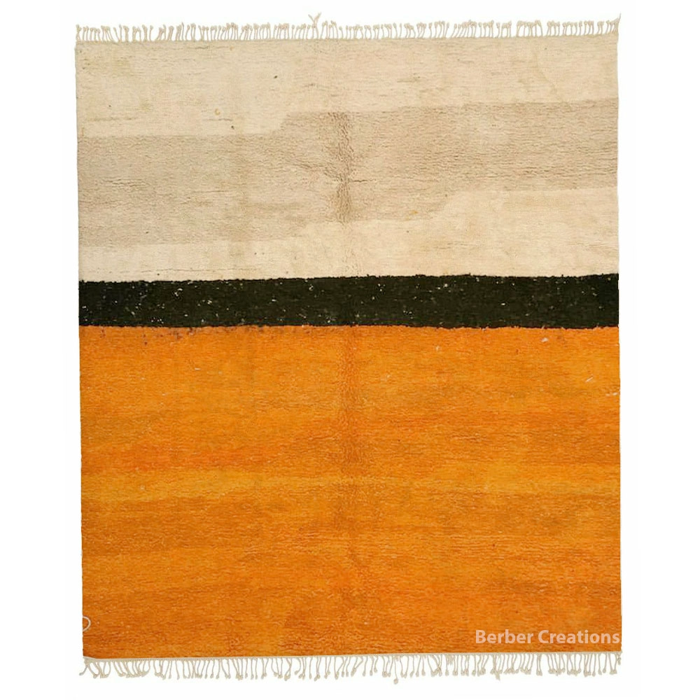 modern handmade moroccan wool rug orange black beige and cream