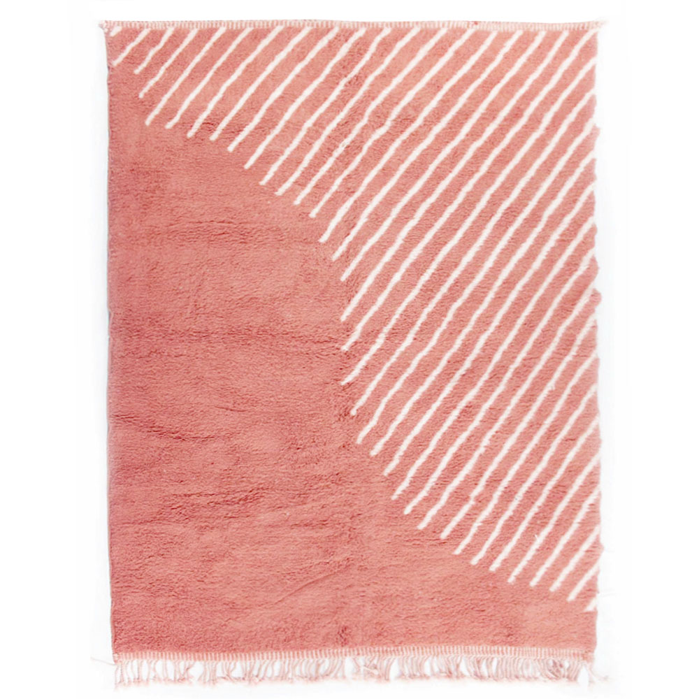 Pink moroccan wool rug with white stripes