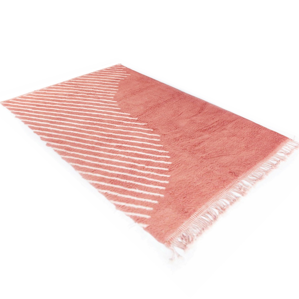 Pink Moroccan Wool Rug With White Stripes - Image 3