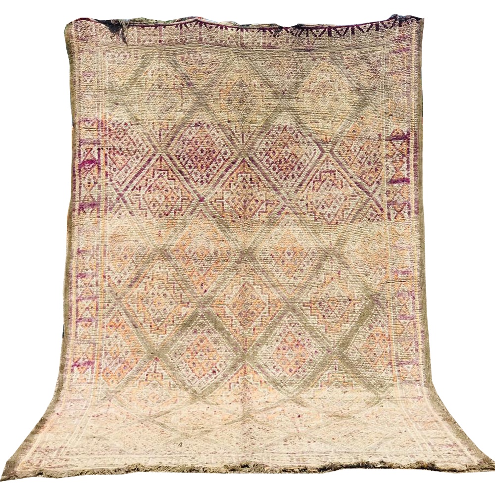 faded moroccan handwoven wool rug with diamond pattern peach and purple