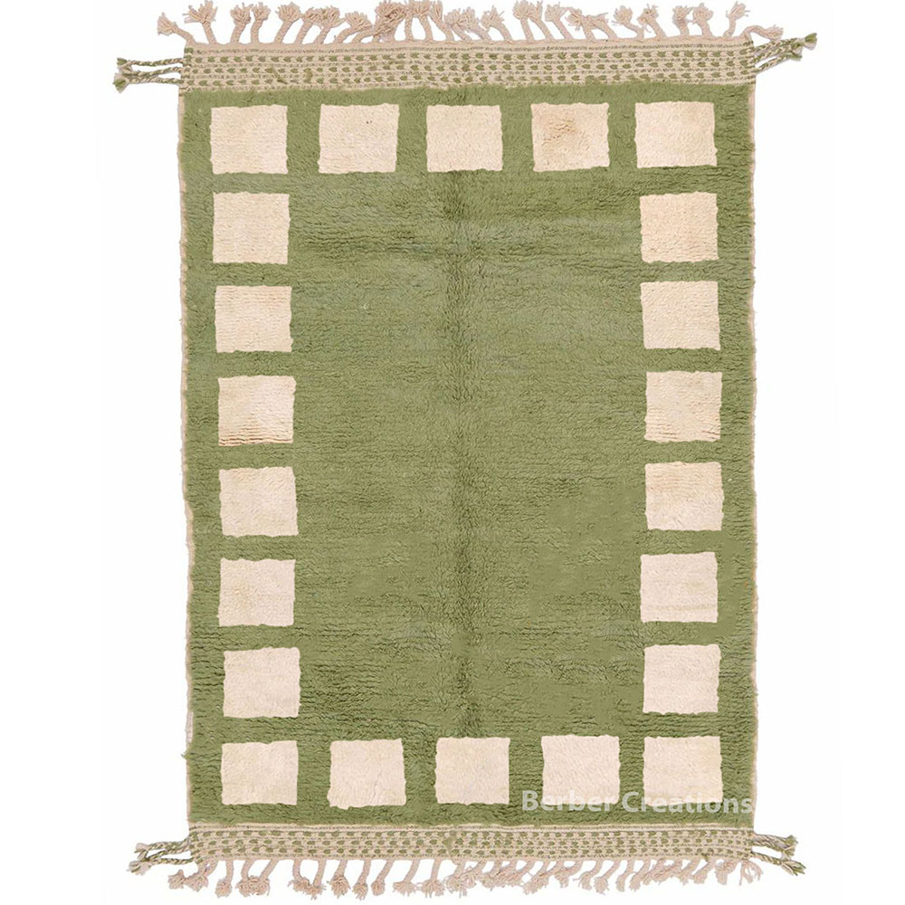Moroccan wool rug green with white squares