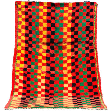 Vintage Checkered Moroccan Wool Rug Red Yellow Black and Green 5’1″x 8’4″