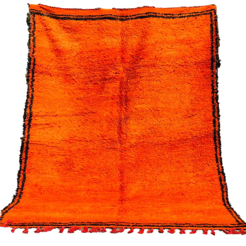 Vintage Moroccan Berber Wool Rug Bright Orange with black border