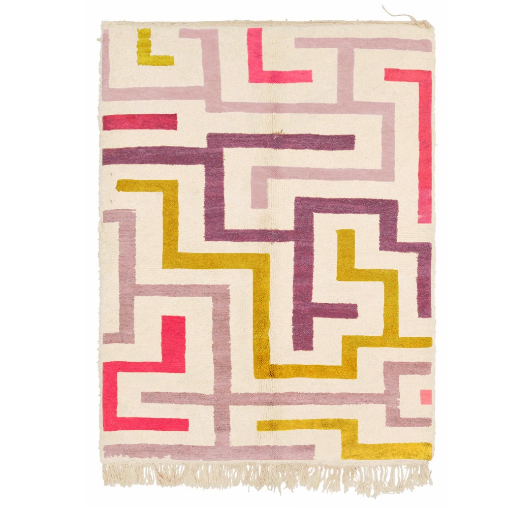 labyrinth moroccan wool rug purple mustard and pink