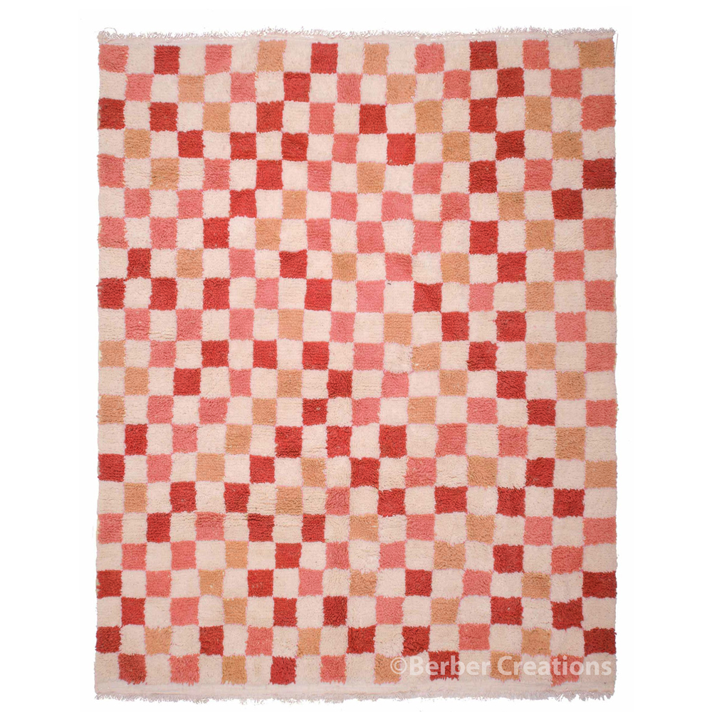 checkered moroccan wool rug pink and red