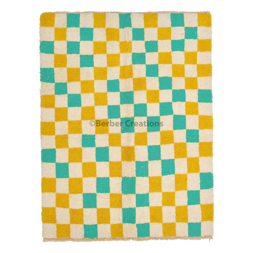 checkered moroccan wool rug yellow and turquoise