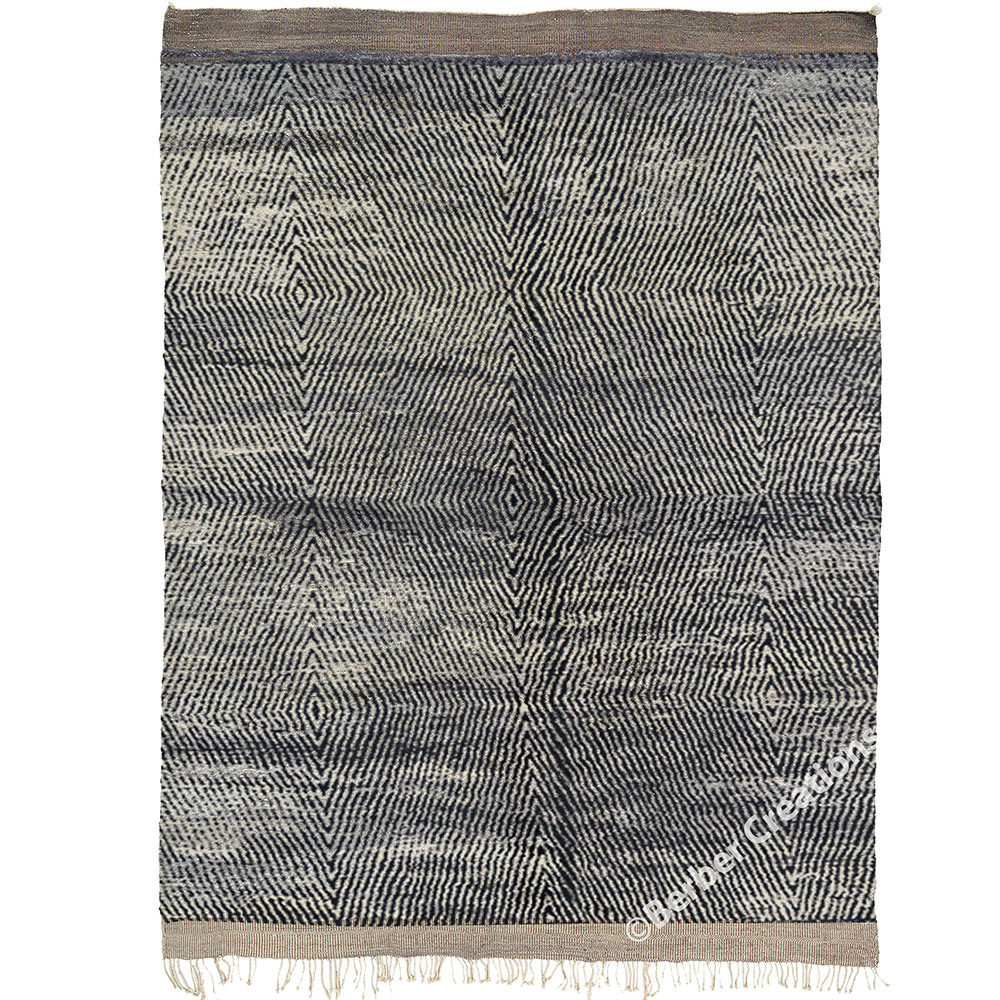 Modern handwoven moroccan beni rug gray and black striped diamond