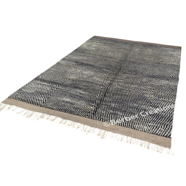 Modern Handwoven Moroccan Beni Rug Gray and Black Striped Diamond