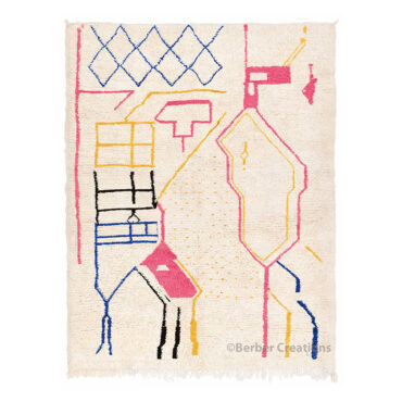 Moroccan Berber Wool Rug Azilal Style Pink/Blue/Yellow