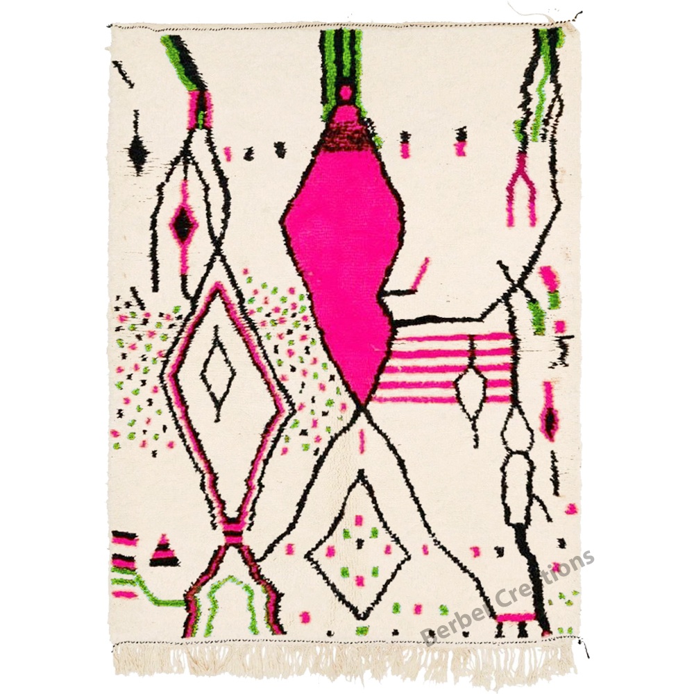 moroccan azilal wool rug hot pink and green and black