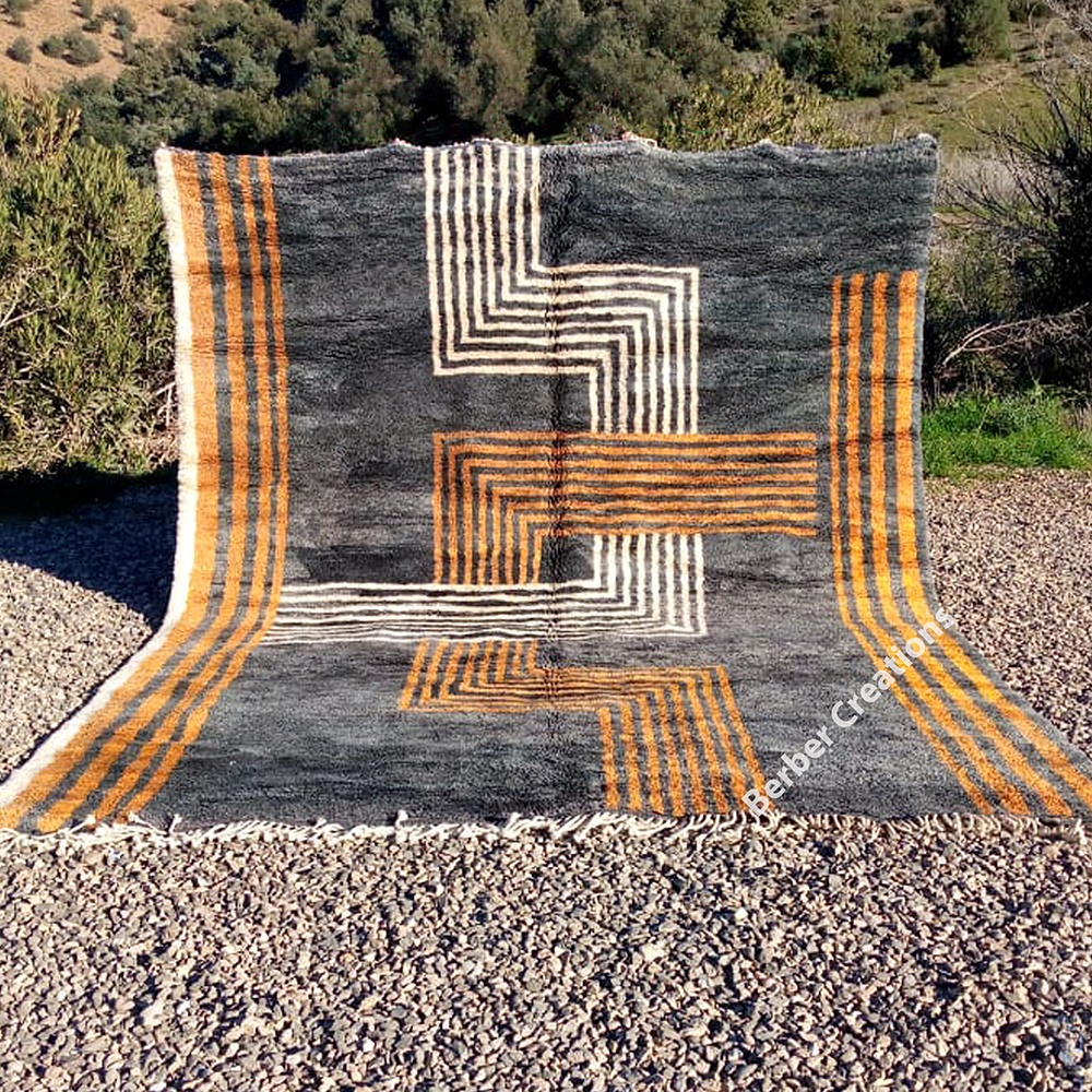 modern moroccan wool rug black orange and white