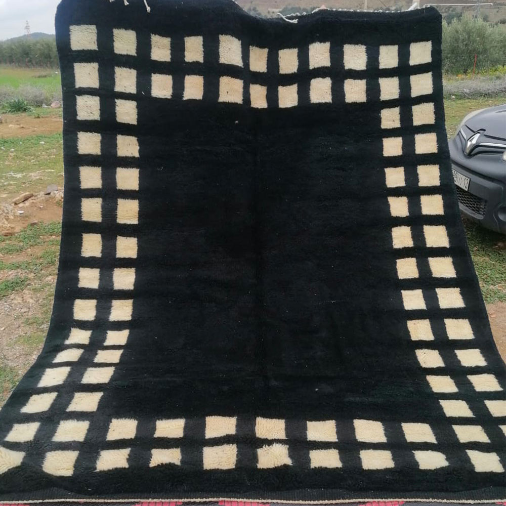 Black Moroccan wool rug with white squares