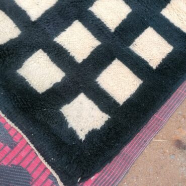 Authentic Black Moroccan Wool Rug With White Squares