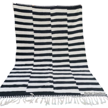 Striped Kilim Moroccan Rug Black and White 7.3′ x 10.9′