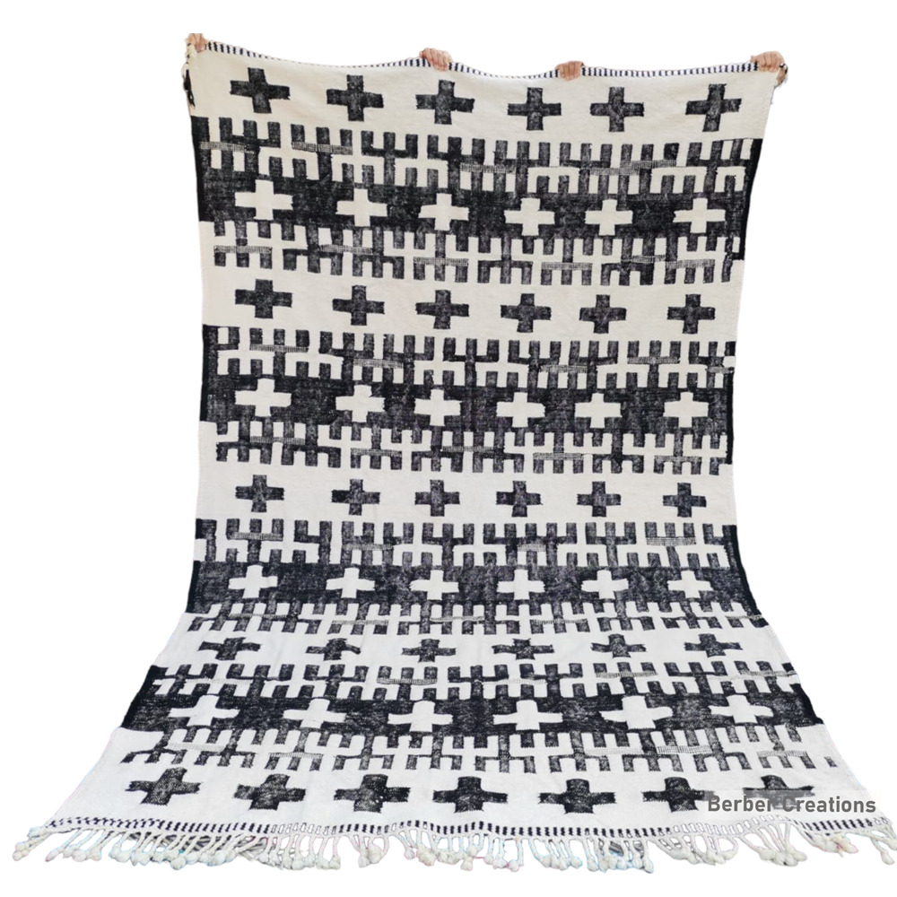 moroccan kilim wool rug black white cross pattern